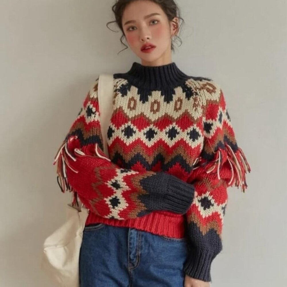 Merci Chunky Knit Fair Isle Style Sweater Fringe High Neck Size S M L Red Blue